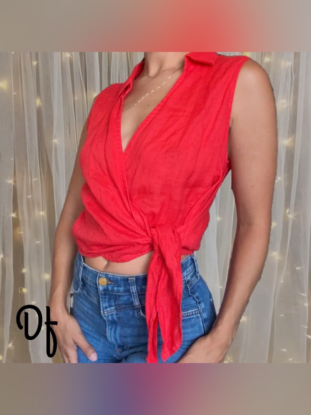 100% Linen Red Tie-Front Sleeveless Camisole Size M